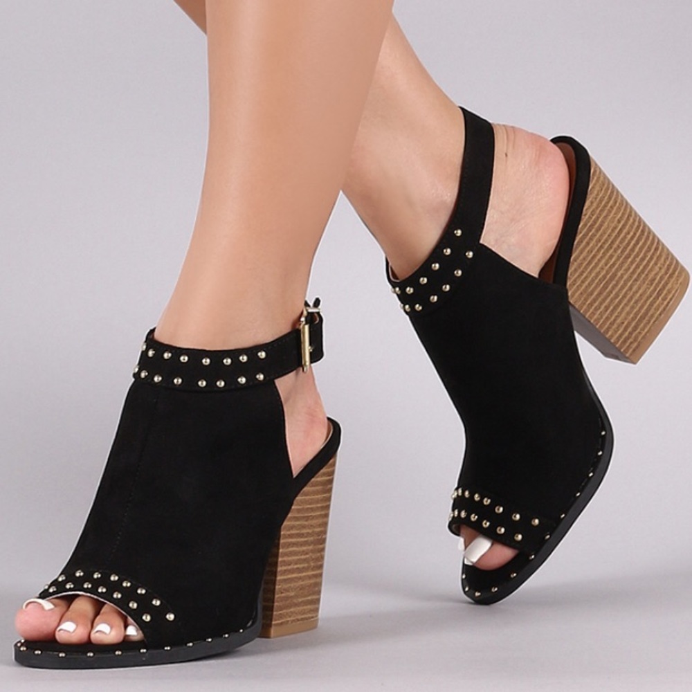 Gold Studded Black Slingback Peep Toe Block Heels - Picture 5 of 10